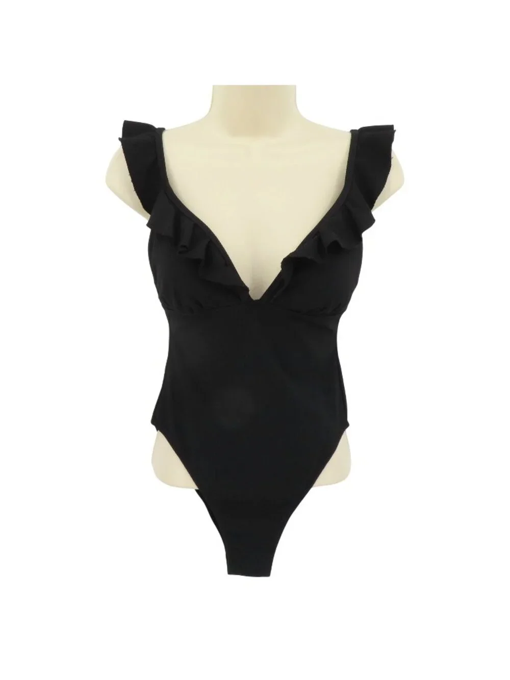 J Crew Women 2 Solid Black Puckered One Piece Swimsuit Ruffle Straps V Neck